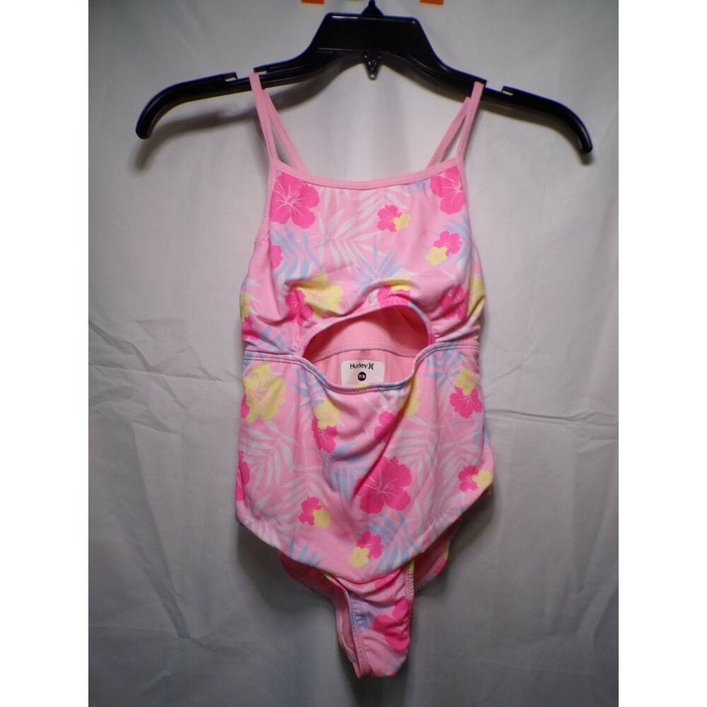 Hurley Girls Pink Floral One Piece Swimsuit 7/8 Cutout Tropical UPF 50+